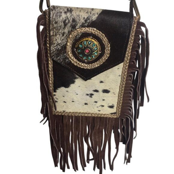 Cowhide Fringe Crossbody Bag Womens Brown Western Leather Boho Concho Purse - Picture 1 of 10
